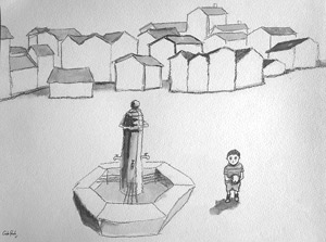 kid alone close to a fountaine in a desert village
