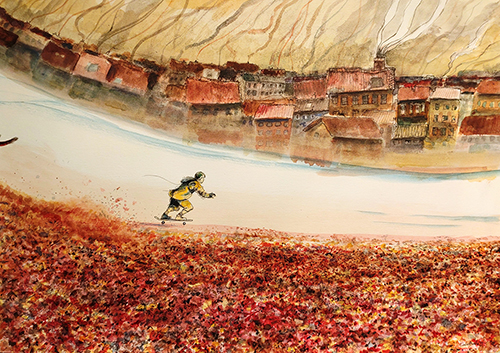 boy runing on the skate and fallen red leaves